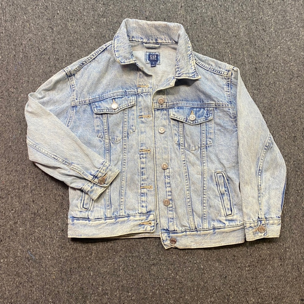Gap Denim Trucker Jacket Sz L Girls Blue 90s Grunge Acid Wash Button Front